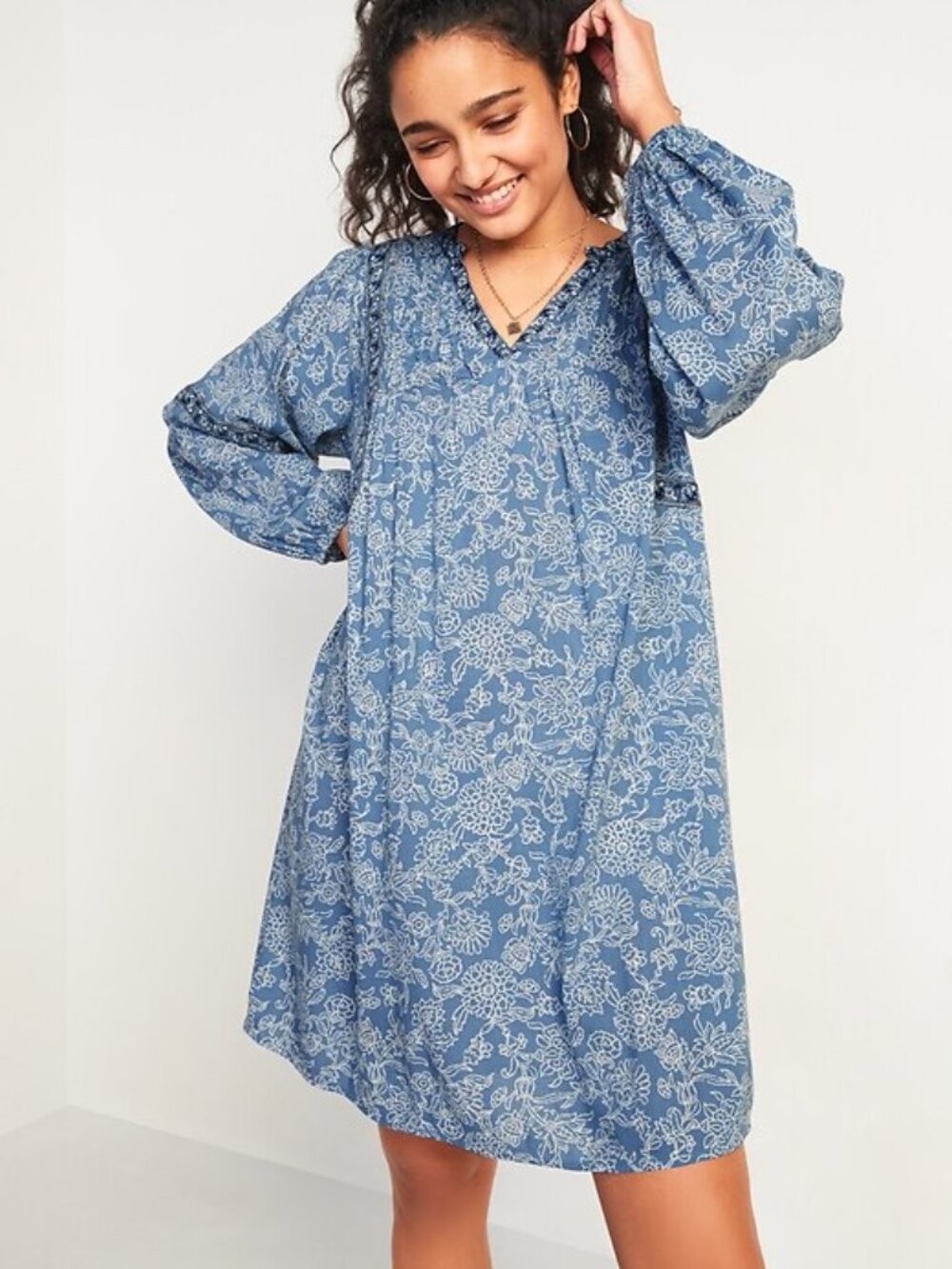 Old Navy NWT Light Blue Floral-Print Split-Neck Long Sleeve Swing Dress